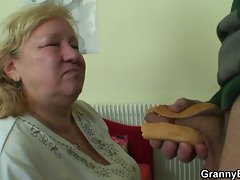 Huge granny tastes his cock then doggystyled